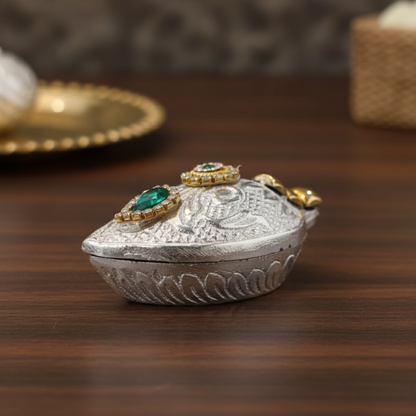 Handcrafted Shankh Sindoor Daani with Peacock Feather Applicator | Traditional Stone-Studded Pooja Item in a Premium Gift Box Dailyalley