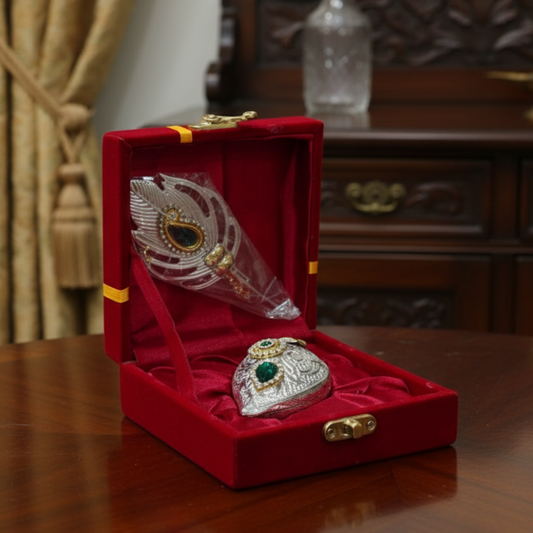 Handcrafted Shankh Sindoor Daani with Peacock Feather Applicator | Traditional Stone-Studded Pooja Item in a Premium Gift Box Dailyalley