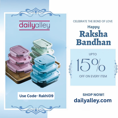 Advertisement for Daily Alley with storage containers and Raksha Bandhan promotion details.