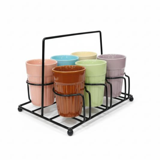 DailyAlley Cutting Chai Glasses with Stand (Set of 6) - 110ml Glass Tea Cups for Home & Office - Colorful Kulhad Chai Cup Dailyalley