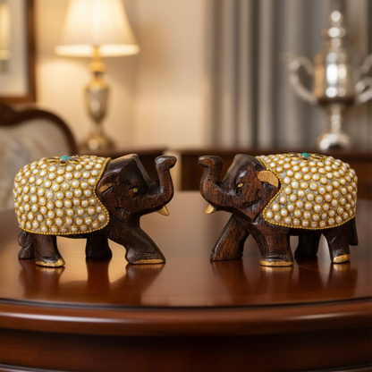 Handcrafted Wooden Elephant Pair with Kundan Pearl Work – Dark Brown & Gold Home Decor Showpiece | 3x4 Inch Traditional Indian Figurines for Living Room, Temple & Office Dailyalley