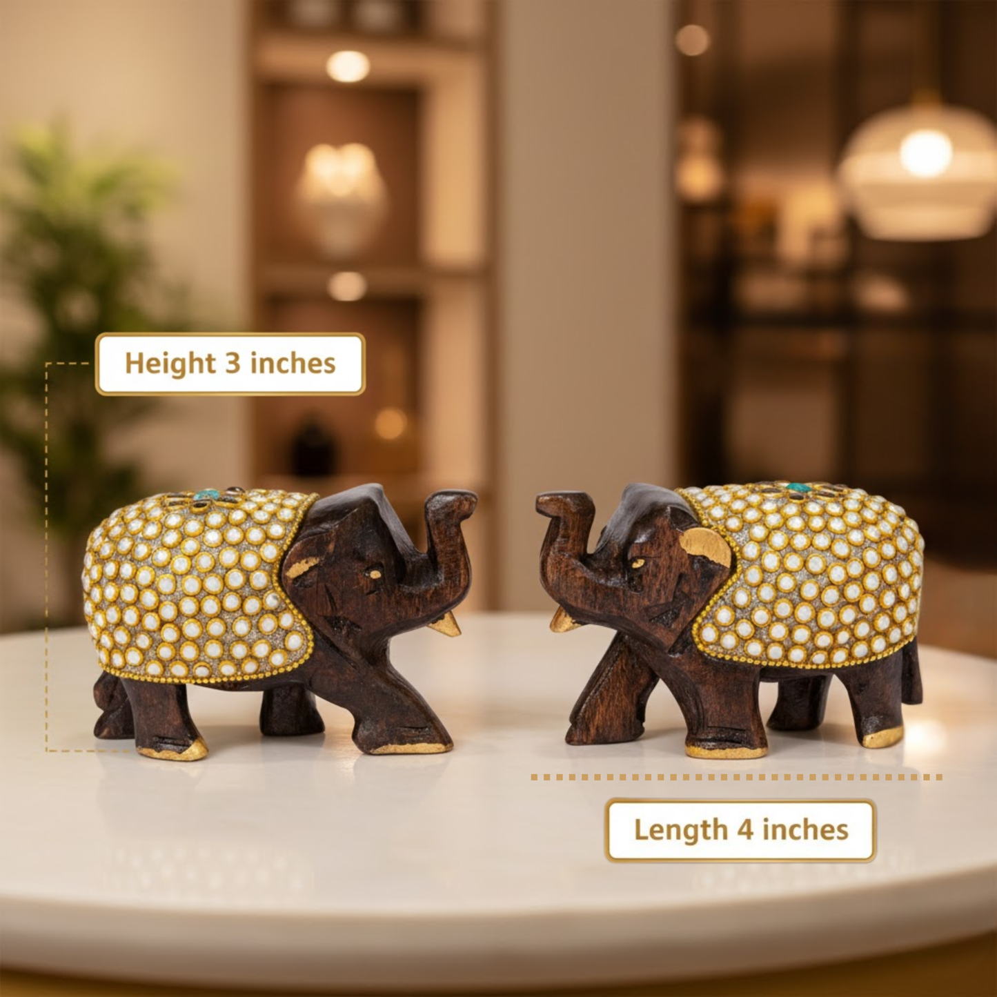 Handcrafted Wooden Elephant Pair with Kundan Pearl Work – Dark Brown & Gold Home Decor Showpiece | 3x4 Inch Traditional Indian Figurines for Living Room, Temple & Office Dailyalley