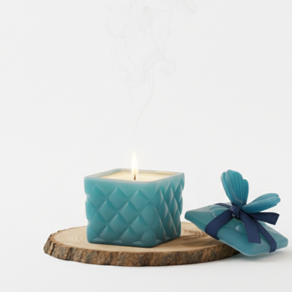 Elegant Diwali gift hamper with 6 sky-blue ceramic cups, wooden tray, and scented candle—perfect festive luxury for family and friends. Dailyalley