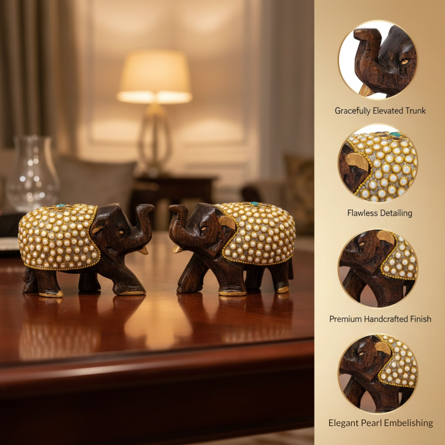 Handcrafted Wooden Elephant Pair with Kundan Pearl Work – Dark Brown & Gold Home Decor Showpiece | 3x4 Inch Traditional Indian Figurines for Living Room, Temple & Office Dailyalley