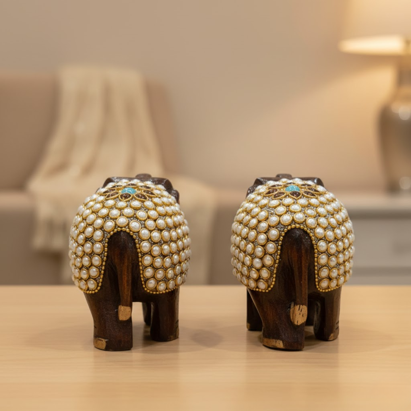 Handcrafted Wooden Elephant Pair with Kundan Pearl Work – Dark Brown & Gold Home Decor Showpiece | 3x4 Inch Traditional Indian Figurines for Living Room, Temple & Office Dailyalley