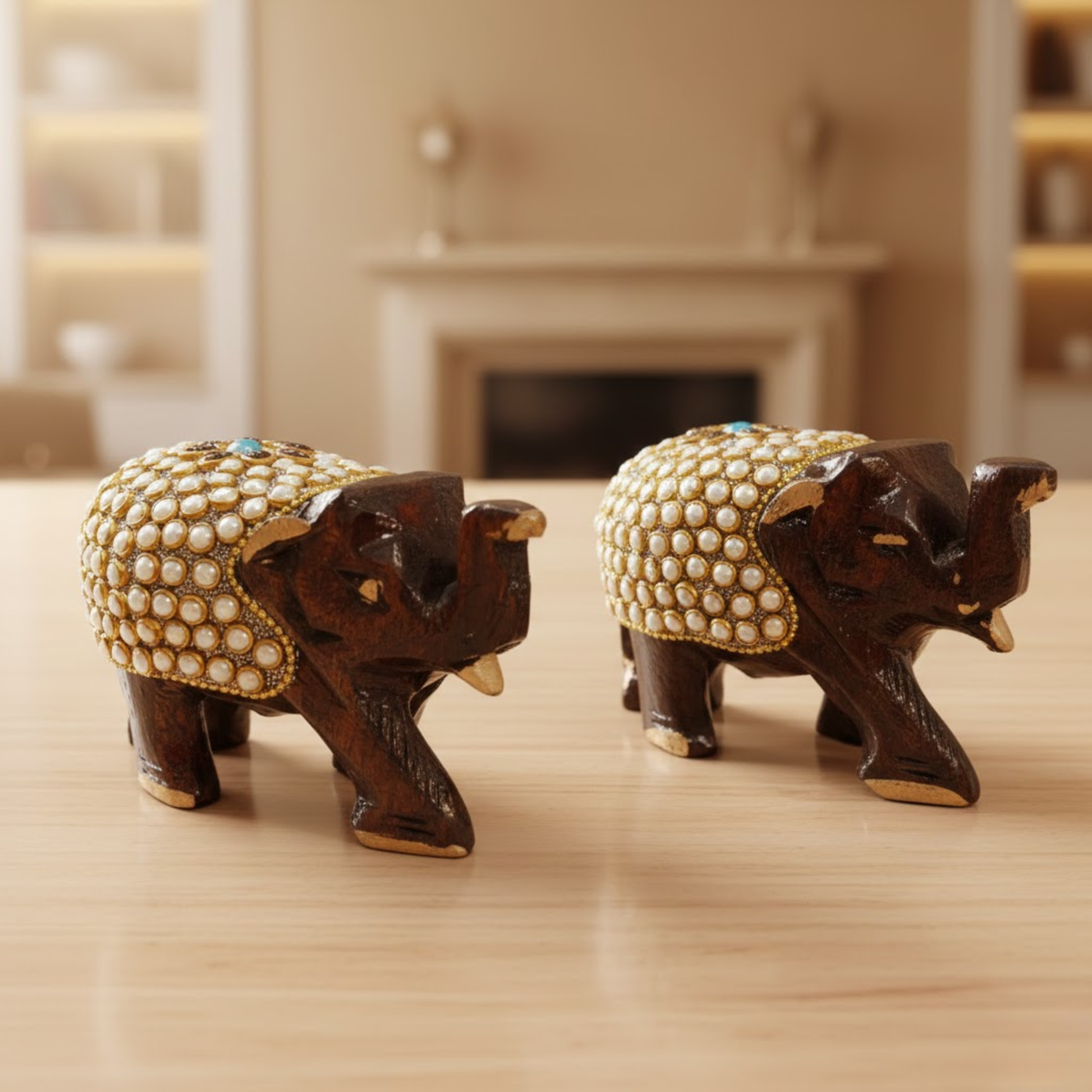 Handcrafted Wooden Elephant Pair with Kundan Pearl Work – Dark Brown & Gold Home Decor Showpiece | 3x4 Inch Traditional Indian Figurines for Living Room, Temple & Office Dailyalley