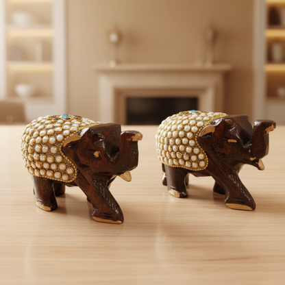 Handcrafted Wooden Elephant Pair with Kundan Pearl Work – Dark Brown & Gold Home Decor Showpiece | 3x4 Inch Traditional Indian Figurines for Living Room, Temple & Office Dailyalley