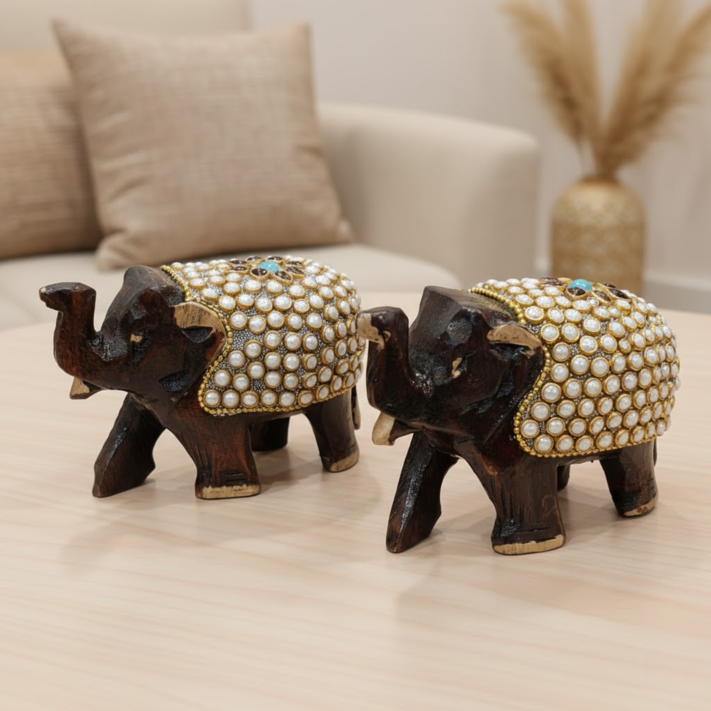 Handcrafted Wooden Elephant Pair with Kundan Pearl Work – Dark Brown & Gold Home Decor Showpiece | 3x4 Inch Traditional Indian Figurines for Living Room, Temple & Office Dailyalley
