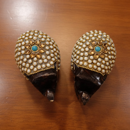 Handcrafted Wooden Elephant Pair with Kundan Pearl Work – Dark Brown & Gold Home Decor Showpiece | 3x4 Inch Traditional Indian Figurines for Living Room, Temple & Office Dailyalley