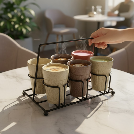 DailyAlley Cafe Style Ceramic Kulhad Set with Stand (Set of 6) - Assorted Tea & Coffee Cups for Modern Homes & Eateries Dailyalley