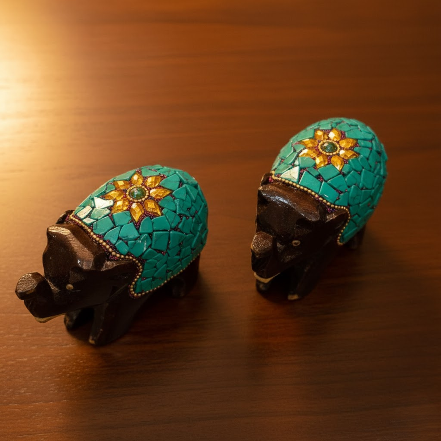 Handcrafted Wooden Mosaic Elephant Pair with Gold Accents – Dark Brown Traditional Decor Showpiece for Living Room, Mandir & Office Dailyalley