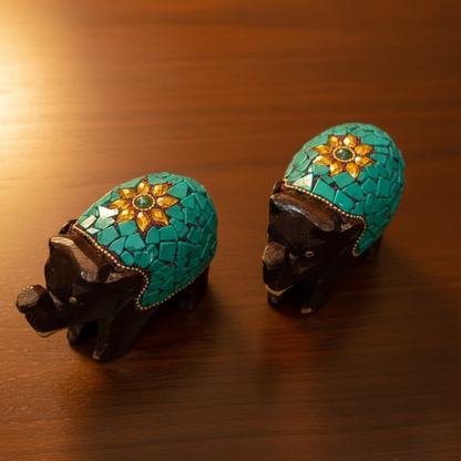 Handcrafted Wooden Mosaic Elephant Pair with Gold Accents – Dark Brown Traditional Decor Showpiece for Living Room, Mandir & Office Dailyalley