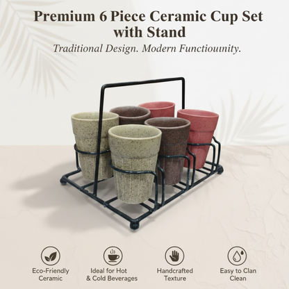 DailyAlley Cafe Style Ceramic Kulhad Set with Stand (Set of 6) - Assorted Tea & Coffee Cups for Modern Homes & Eateries Dailyalley