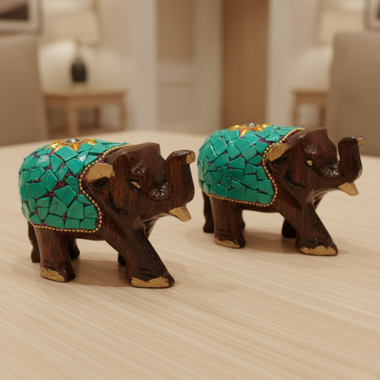 Handcrafted Wooden Mosaic Elephant Pair with Gold Accents – Dark Brown Traditional Decor Showpiece for Living Room, Mandir & Office Dailyalley