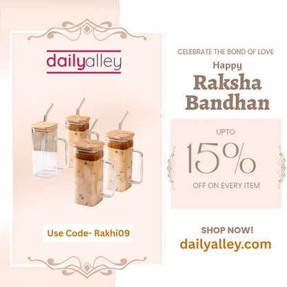Promotional banner for daily alley with glass jars and promotional text for Raksha Bandhan.