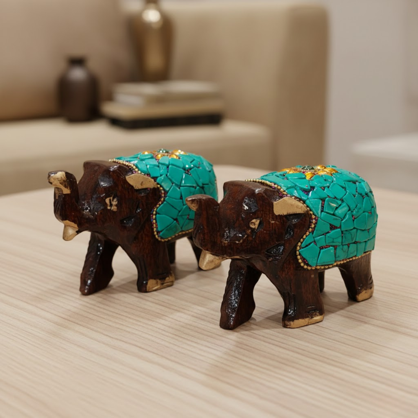 Handcrafted Wooden Mosaic Elephant Pair with Gold Accents – Dark Brown Traditional Decor Showpiece for Living Room, Mandir & Office Dailyalley