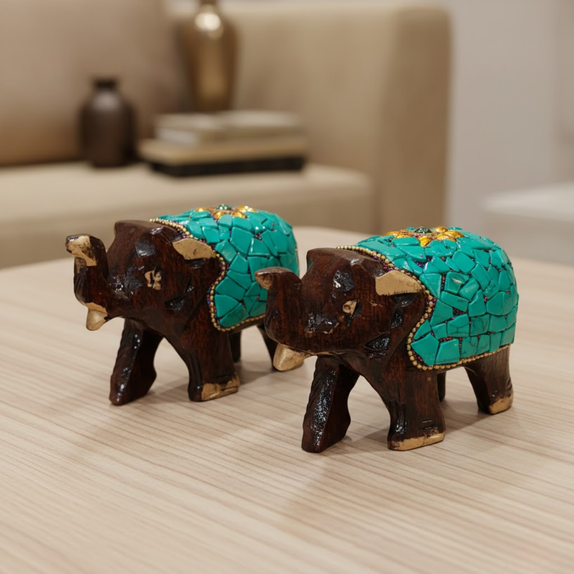 Handcrafted Wooden Mosaic Elephant Pair with Gold Accents – Dark Brown Traditional Decor Showpiece for Living Room, Mandir & Office Dailyalley
