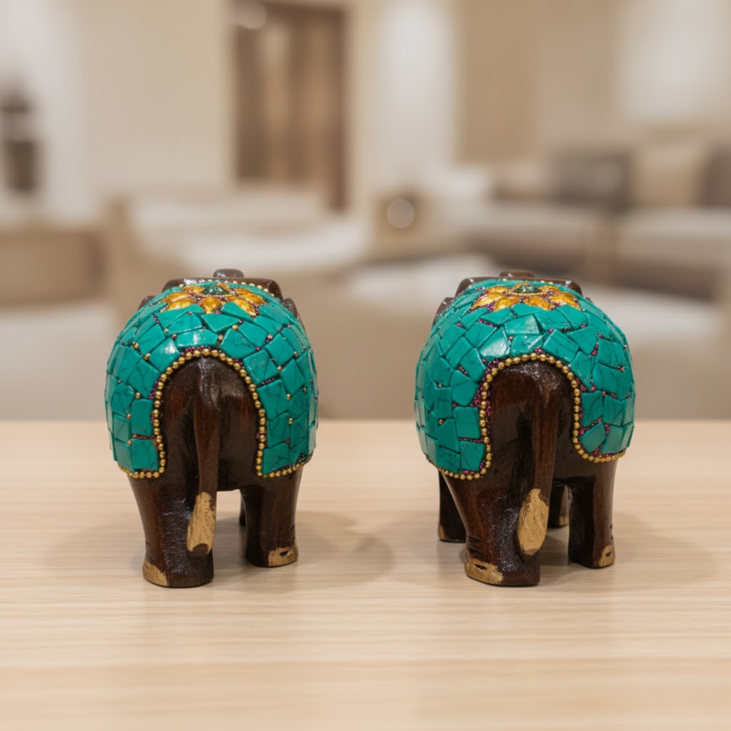Handcrafted Wooden Mosaic Elephant Pair with Gold Accents – Dark Brown Traditional Decor Showpiece for Living Room, Mandir & Office Dailyalley