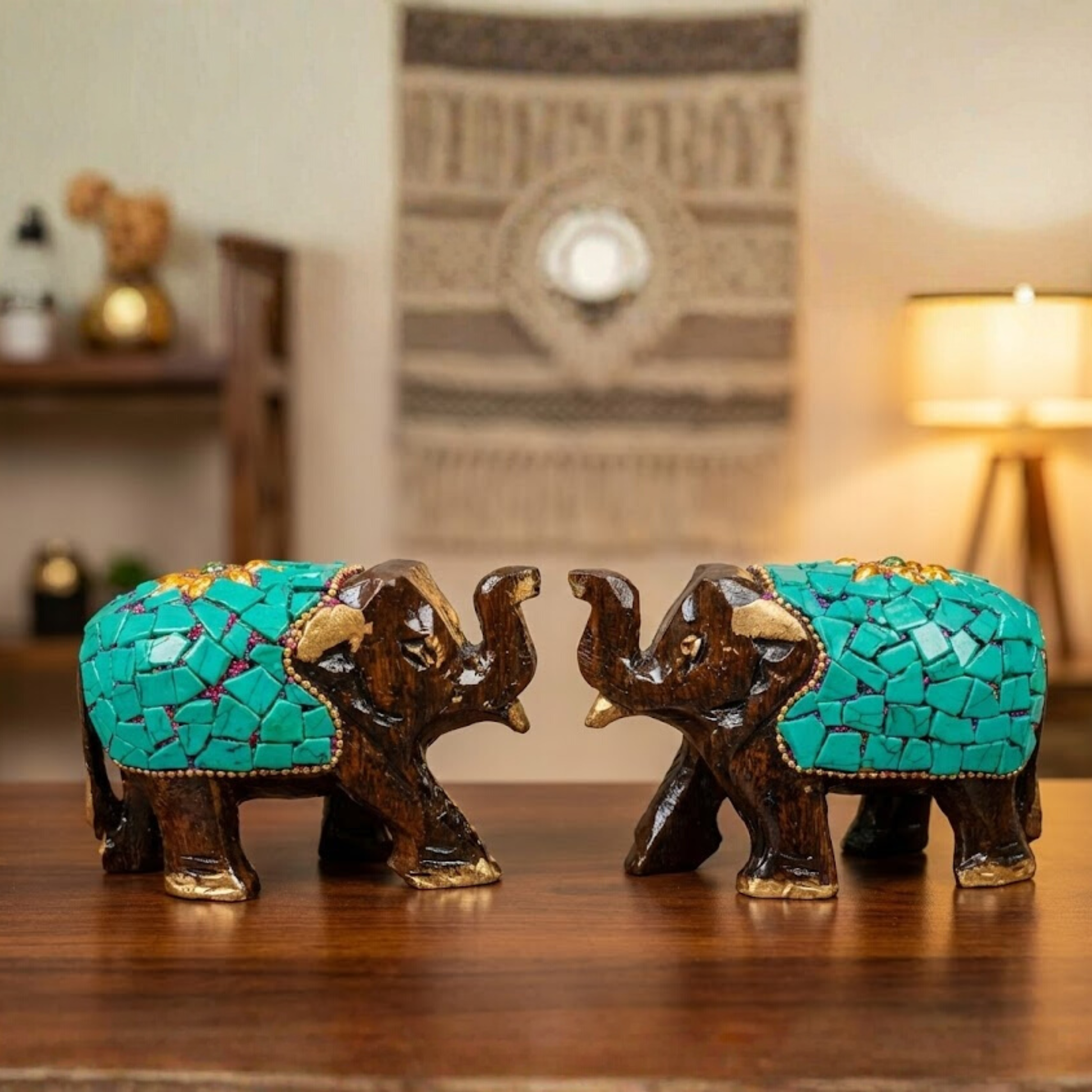 Handcrafted Wooden Mosaic Elephant Pair with Gold Accents – Dark Brown Traditional Decor Showpiece for Living Room, Mandir & Office Dailyalley