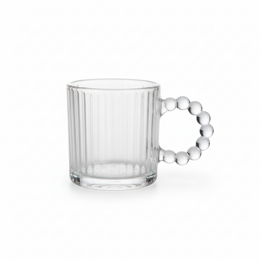 DailyAlley Set of 6 Ribbed Glass Coffee Mugs with Pearl Bead Handles for Latte, Tea & Cappuccino. Dailyalley