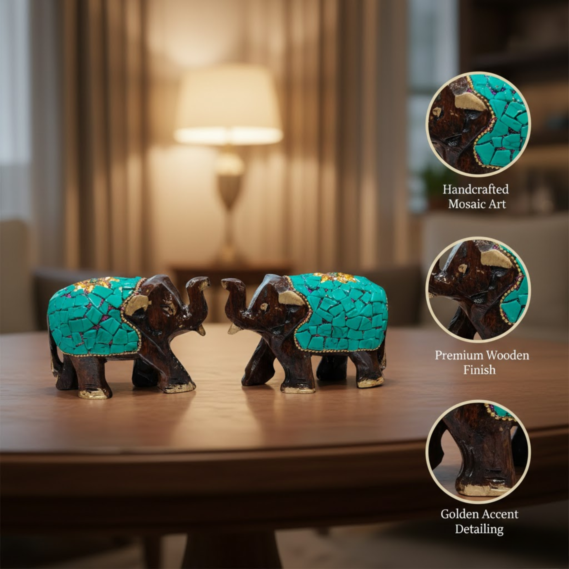 Handcrafted Wooden Mosaic Elephant Pair with Gold Accents – Dark Brown Traditional Decor Showpiece for Living Room, Mandir & Office Dailyalley