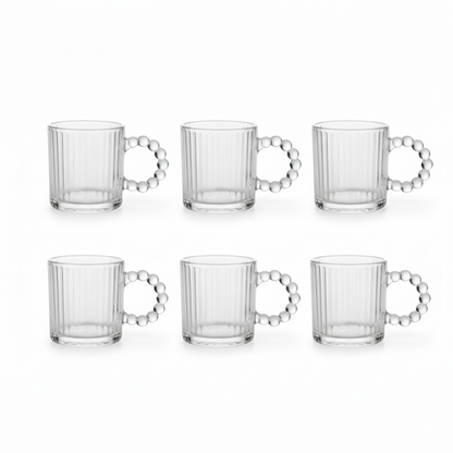 DailyAlley Set of 6 Ribbed Glass Coffee Mugs with Pearl Bead Handles for Latte, Tea & Cappuccino. Dailyalley