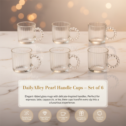 DailyAlley Set of 6 Ribbed Glass Coffee Mugs with Pearl Bead Handles for Latte, Tea & Cappuccino. Dailyalley