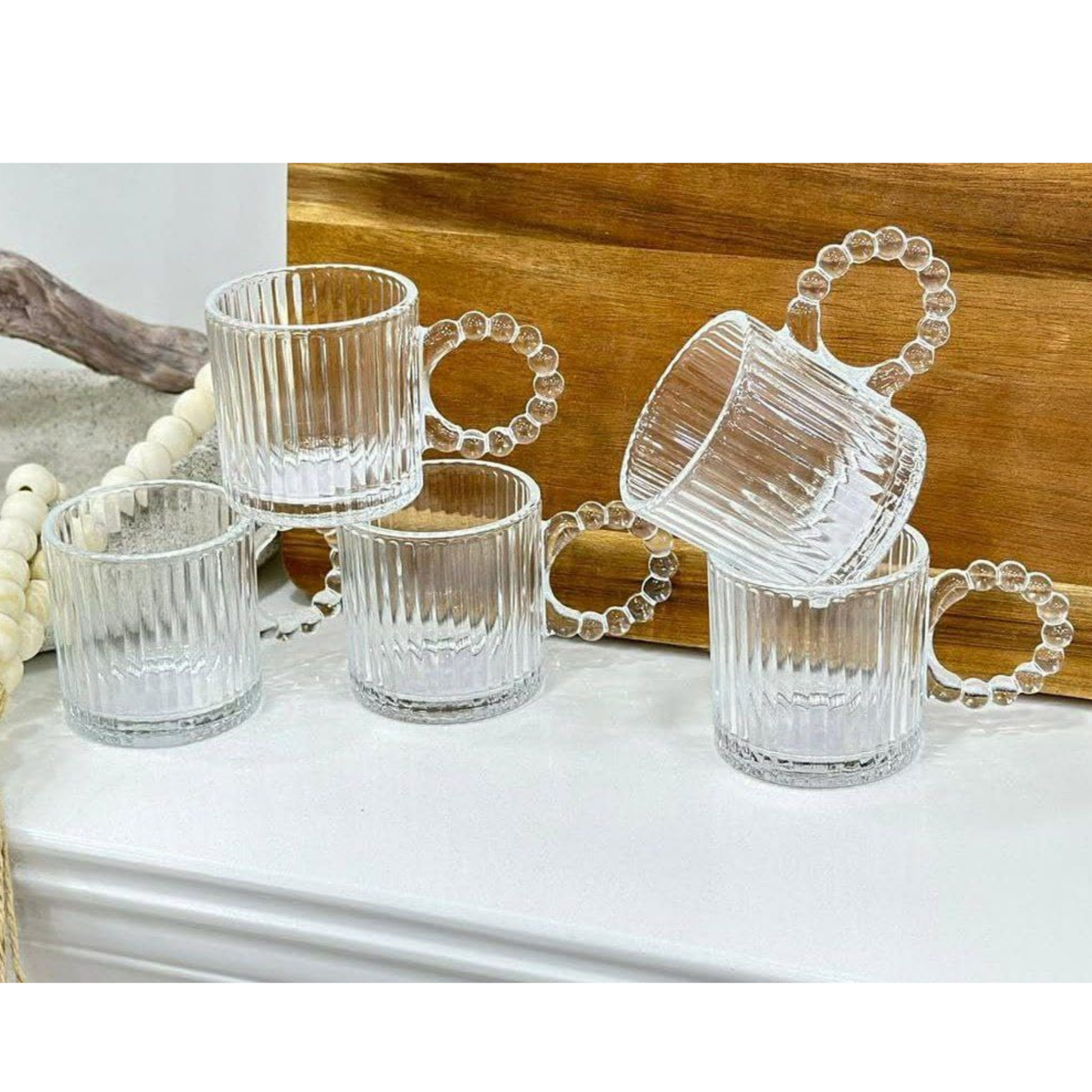 DailyAlley Set of 6 Ribbed Glass Coffee Mugs with Pearl Bead Handles for Latte, Tea & Cappuccino. Dailyalley