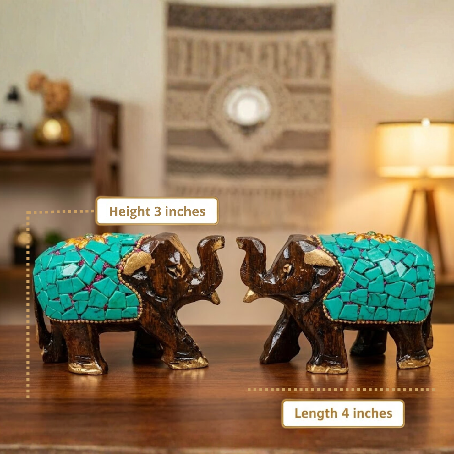 Handcrafted Wooden Mosaic Elephant Pair with Gold Accents – Dark Brown Traditional Decor Showpiece for Living Room, Mandir & Office Dailyalley