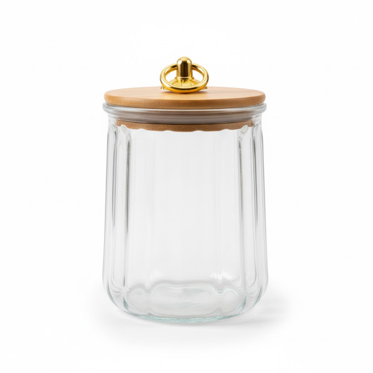 DailyAlley Glass Storage Canisters (Set of 3) | Ribbed Borosilicate Glass Jars with Airtight Bamboo Lids & Gold Handles | Kitchen Containers Dailyalley