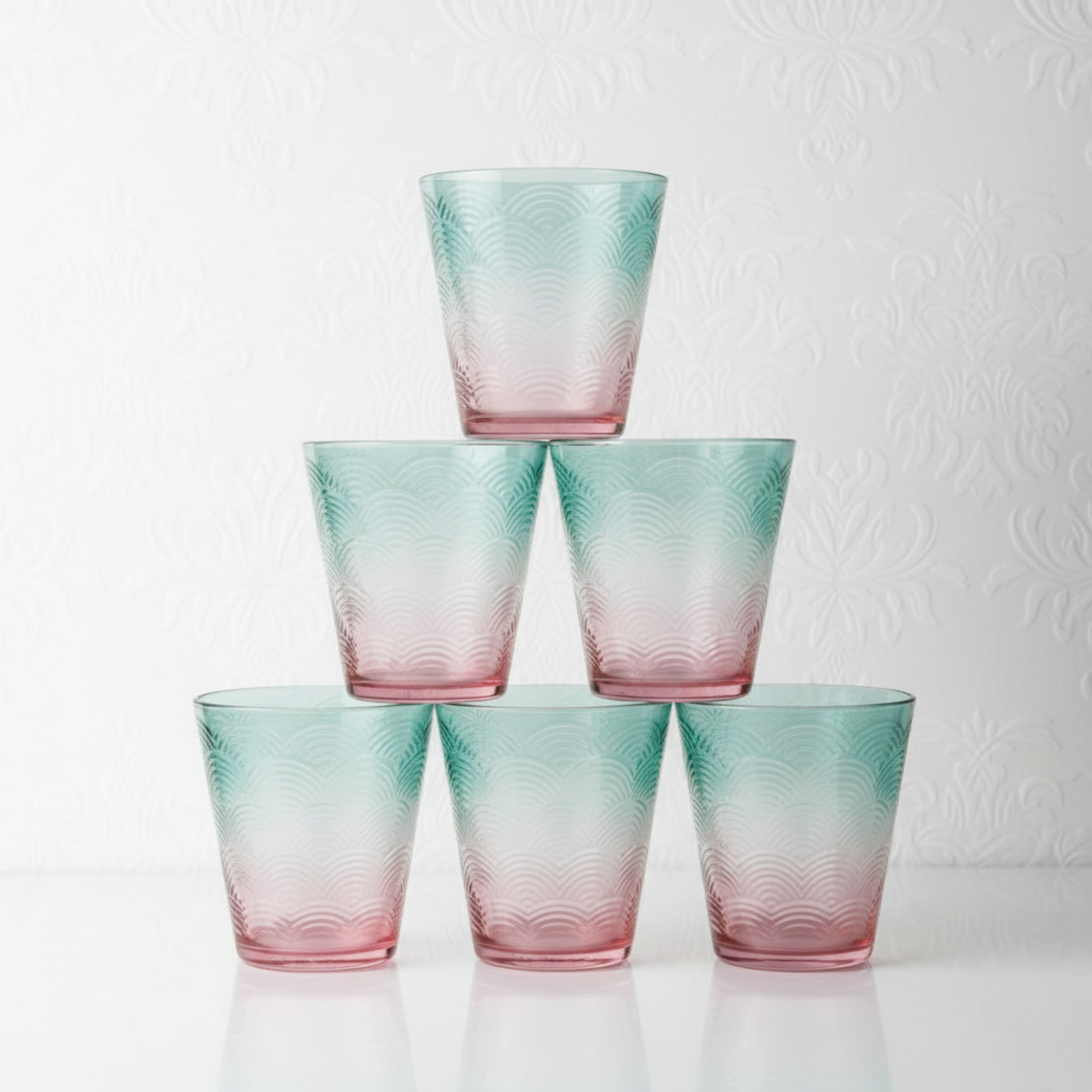 DailyAlley Ombré Wave Drinking Glasses (Set of 6) | Aesthetic Blue & Pink Tumblers for Juice & Cocktails | Textured Bar & Kitchen Glassware Dailyalley