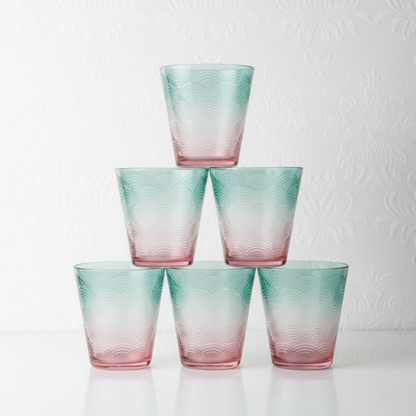 DailyAlley Ombré Wave Drinking Glasses (Set of 6) | Aesthetic Blue & Pink Tumblers for Juice & Cocktails | Textured Bar & Kitchen Glassware Dailyalley