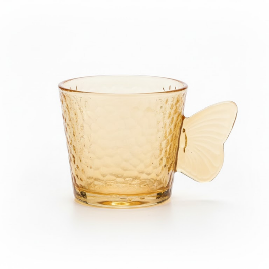 DailyAlley Butterfly Handle Glass Mugs (Set of 6) | Elegant Amber Textured Cups for Coffee & Tea | Whimsical Wing Handle Mugs (120ml) Dailyalley