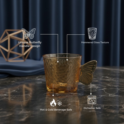 DailyAlley Butterfly Handle Glass Mugs (Set of 6) | Elegant Amber Textured Cups for Coffee & Tea | Whimsical Wing Handle Mugs (120ml) Dailyalley