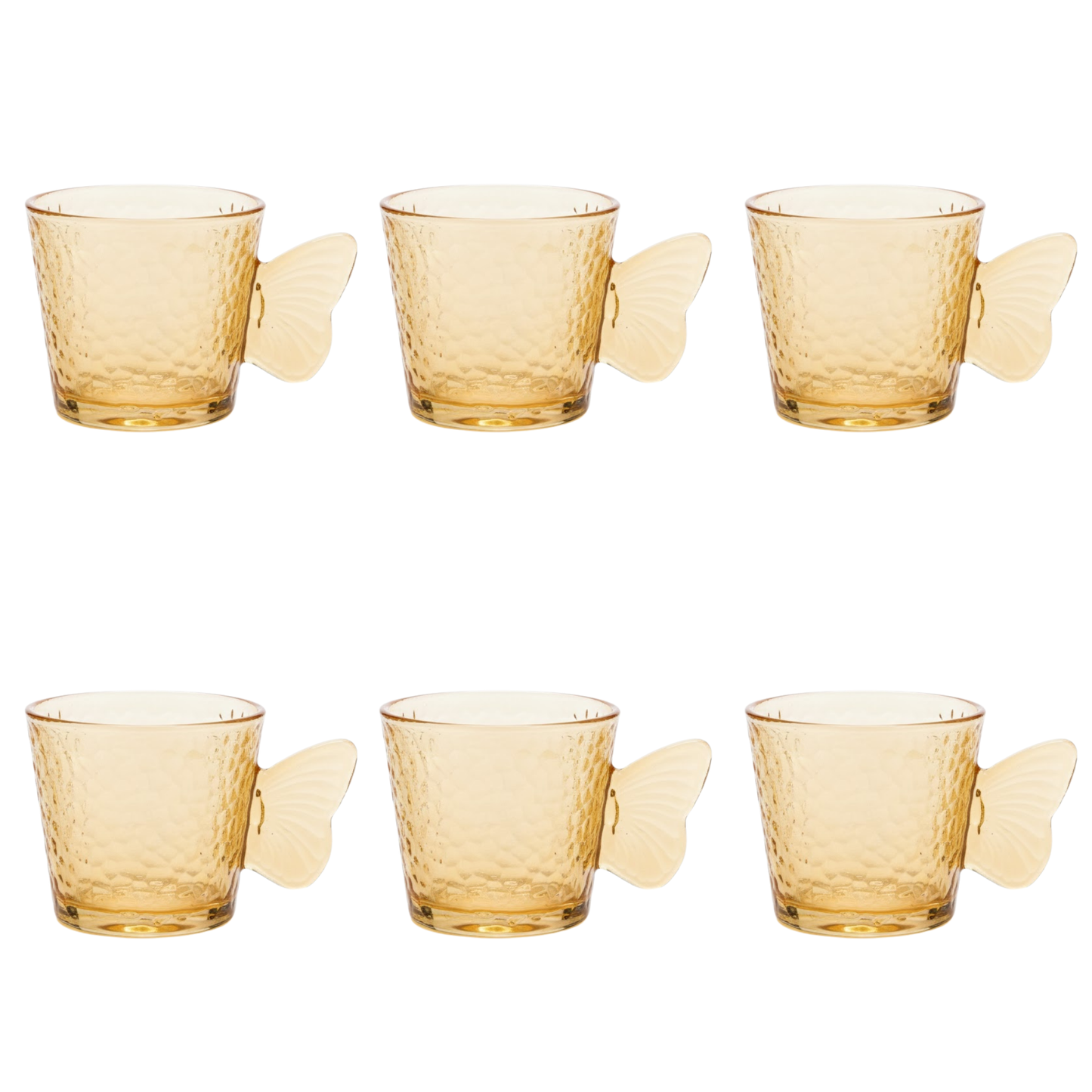 DailyAlley Butterfly Handle Glass Mugs (Set of 6) | Elegant Amber Textured Cups for Coffee & Tea | Whimsical Wing Handle Mugs (120ml) Dailyalley