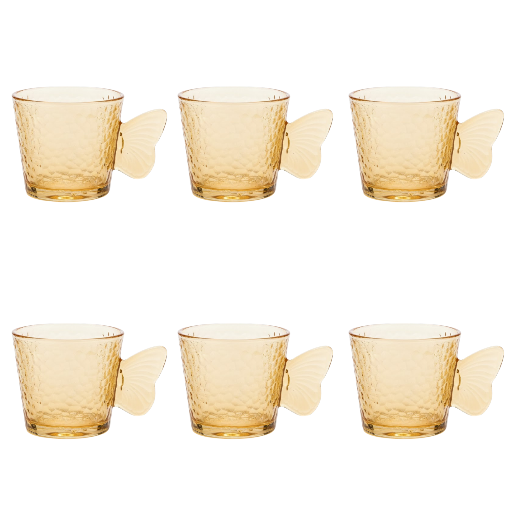 DailyAlley Butterfly Handle Glass Mugs (Set of 6) | Elegant Amber Textured Cups for Coffee & Tea | Whimsical Wing Handle Mugs (120ml) Dailyalley