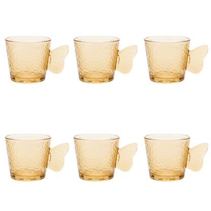 DailyAlley Butterfly Handle Glass Mugs (Set of 6) | Elegant Amber Textured Cups for Coffee & Tea | Whimsical Wing Handle Mugs (120ml) Dailyalley