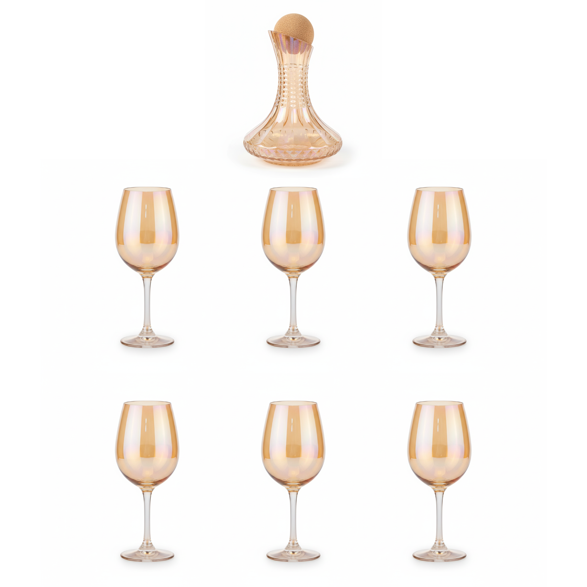 7-Pc Iridescent Wine Decanter Set w/ Amber Gold Lustre. Premium Aerating Carafe & 6 Glasses. Luxury Barware for Weddings & Entertaining. Dailyalley