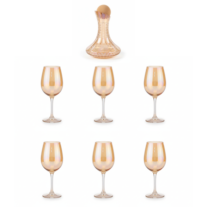 7-Pc Iridescent Wine Decanter Set w/ Amber Gold Lustre. Premium Aerating Carafe & 6 Glasses. Luxury Barware for Weddings & Entertaining. Dailyalley