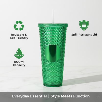 DailyAlley Blue Studded Tumbler with Straw (710ml) | Reusable Plastic Travel Mug for Iced Coffee & Cold Drinks | Textured Cup for All Ages Dailyalley