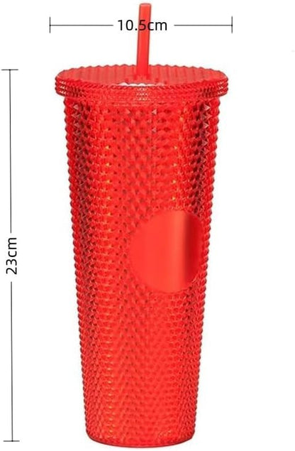 Red textured tumbler with straw and measurements on a white background
