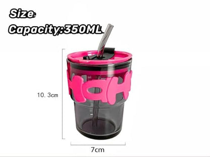 Pink cup with straw and measurements on a white background