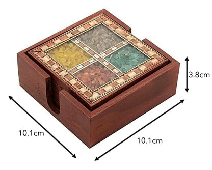 Handmade Wooden Gemstone Coaster Set – 4 Rectangular Tea & Coffee Coasters with Holder | Natural Wood Drink Mats for Home, Office, Dining Table & Bar Dailyalley