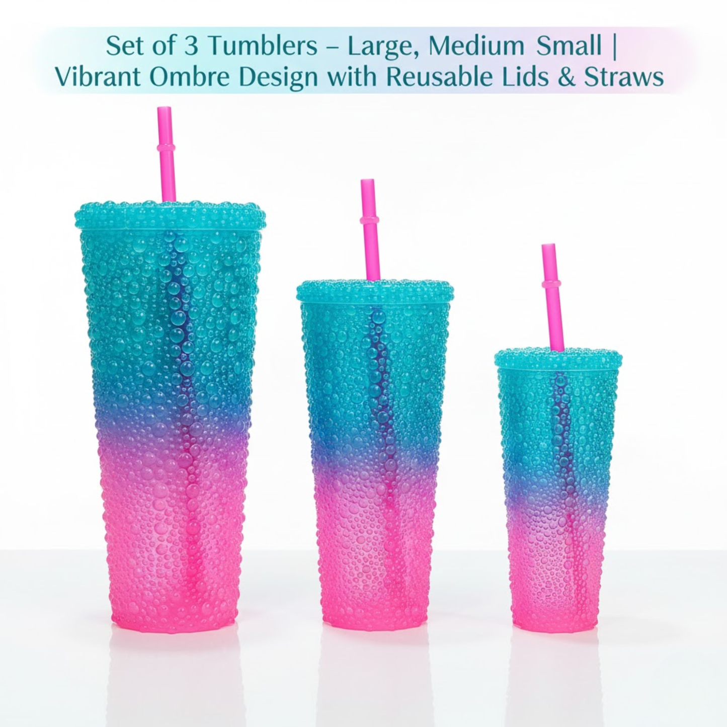DailyAlley Sipper Tumbler Set (3-Pack) | Blue-Pink Gradient Water Droplet Cups | Reusable Travel Bottles w/ Straws for Girls (800/500/300ml) Dailyalley