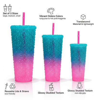 DailyAlley Sipper Tumbler Set (3-Pack) | Blue-Pink Gradient Water Droplet Cups | Reusable Travel Bottles w/ Straws for Girls (800/500/300ml) Dailyalley