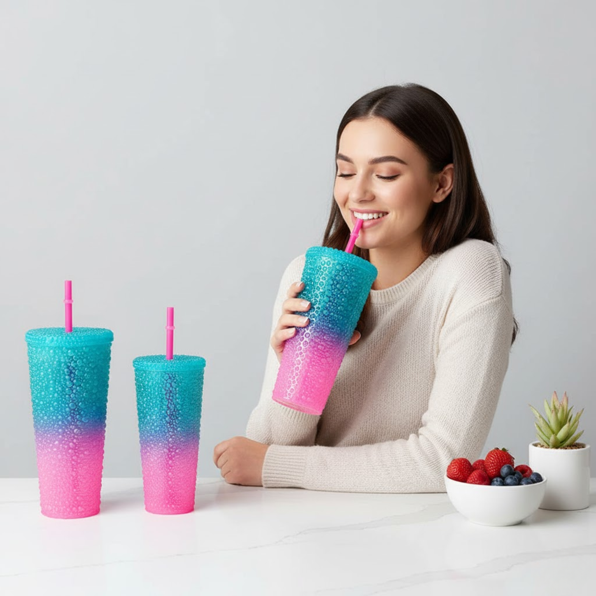 DailyAlley Sipper Tumbler Set (3-Pack) | Blue-Pink Gradient Water Droplet Cups | Reusable Travel Bottles w/ Straws for Girls (800/500/300ml) Dailyalley