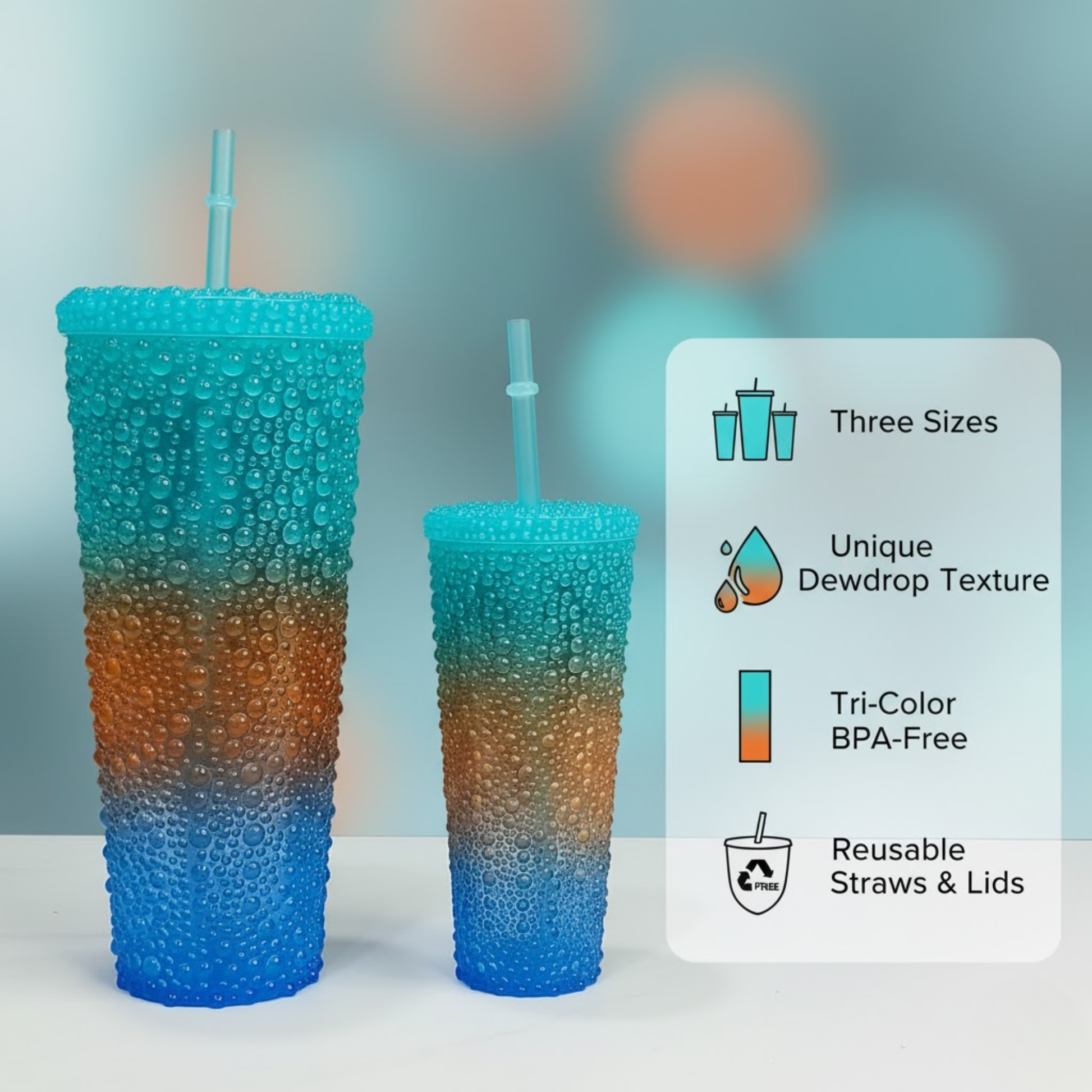 DailyAlley Sipper Tumbler Set (3-Pack) | Blue-Brown Water Droplet Design | Reusable Travel Cups with Straws for Girls & Women (800/500/300ml) Dailyalley