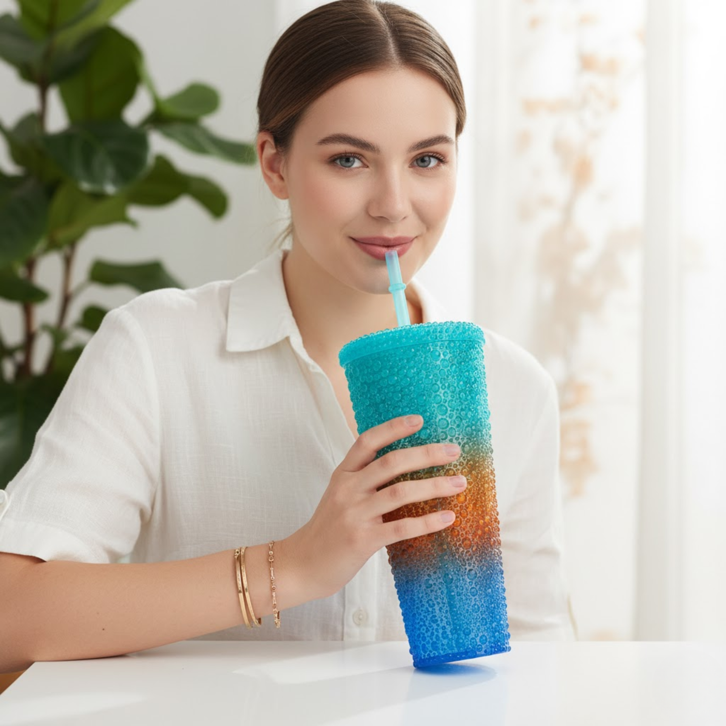 DailyAlley Sipper Tumbler Set (3-Pack) | Blue-Brown Water Droplet Design | Reusable Travel Cups with Straws for Girls & Women (800/500/300ml) Dailyalley