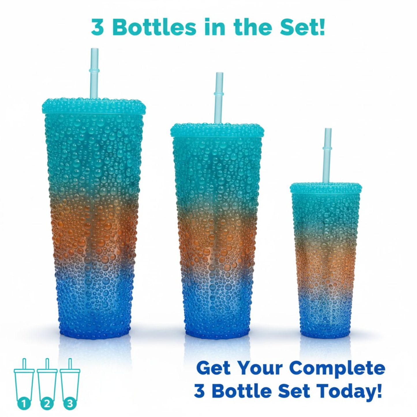 DailyAlley Sipper Tumbler Set (3-Pack) | Blue-Brown Water Droplet Design | Reusable Travel Cups with Straws for Girls & Women (800/500/300ml) Dailyalley
