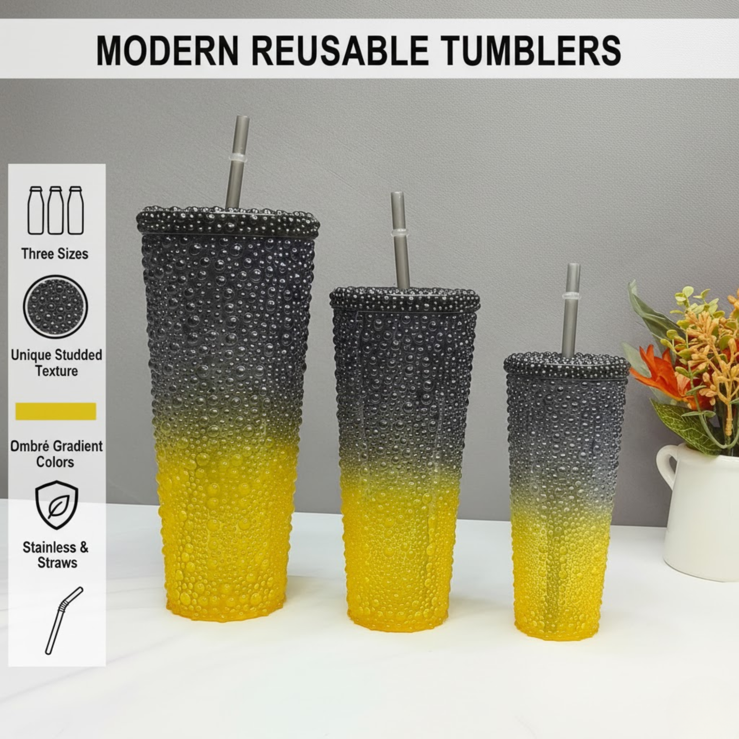 DailyAlley Sipper Tumbler Set (3-Pack) | Black-Yellow Water Droplet Design | Reusable Travel Cups with Straws for Girls & Women (800/500/300ml) Dailyalley